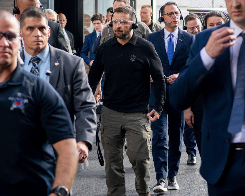 Ukrainian President Volodymyr Zelenskyy, center, tours the Scranton Army Ammunition Plant in Scranton, Pa., Sunday, Sept. 22, 2024. (Staff Sgt. Deonte Rowell/U.S. Army via AP)