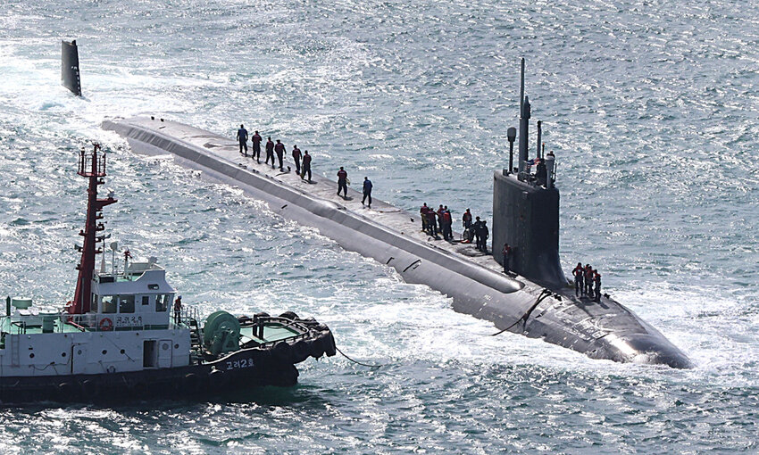 The USS Vermont, a nuclear-powered fast-attack submarine, enters a naval base in Busan, South Korea, Monday, Sept. 23, 2024. (Gang Sun-bae/Yonhap via AP)