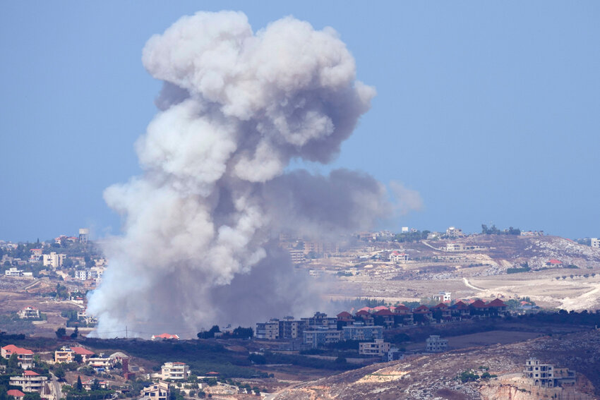 Smoke rises from Israeli airstrikes on villages in the Nabatiyeh district, seen from the southern town of Marjayoun, Lebanon, Monday, Sept. 23, 2024. (AP Photo)