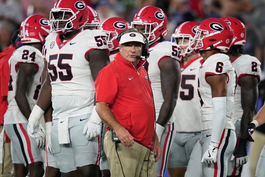 Georgia head coach Kirby Smart looks on during the first half  against Kentucky, Sept. 14, 2024, in Lexington, Ky. (AP Photo/Darron Cummings, File)