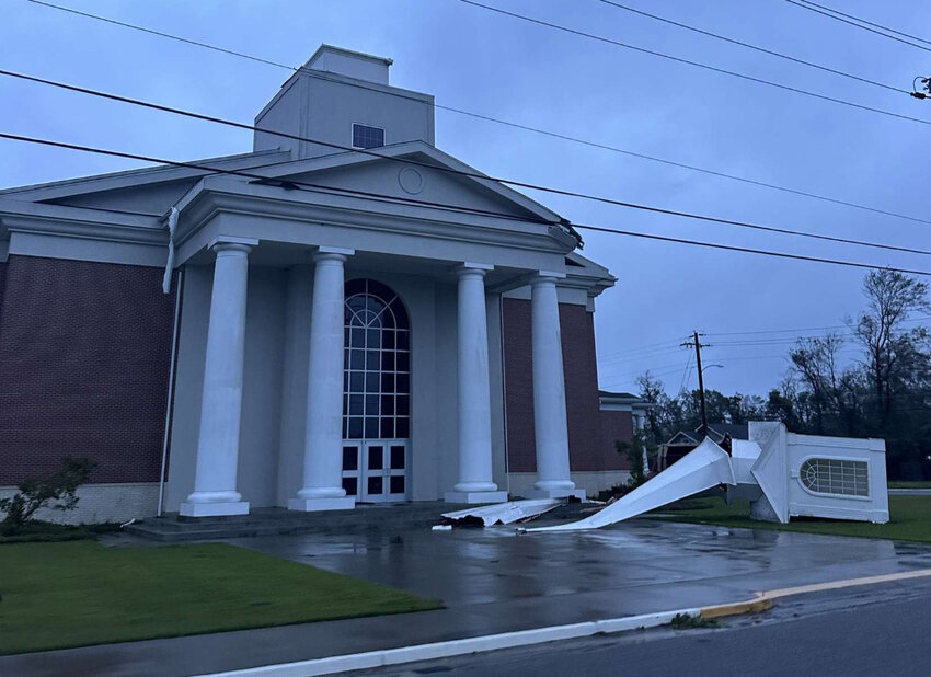 The steeple of First Baptist Church Hazlehurst lies on the ground after Hurricane Helene tore through the area Friday, Sept. 27, 2024. (Photo/Courtesy Brad Waters)