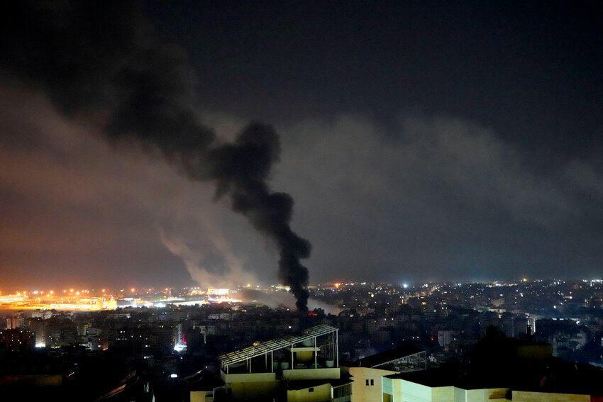 Smoke rises from Israeli airstrikes in Beirut's southern suburbs, Lebanon, Saturday, Sept. 28, 2024. (AP Photo/Hassan Ammar)