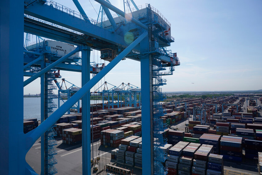 Shipping containers are stacked in the Port of New York and New Jersey in Elizabeth, N.J., May 20, 2021. (AP Photo/Seth Wenig, File)