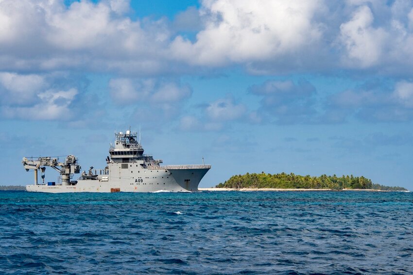 In this image released by New Zealand Defence Force (NZDF), HMNZS Manawanui arrives in Funafuti Lagoon, Tuvalu, on Sept. 7, 2022. (PO Christopher Weissenborn/NZDF via AP)