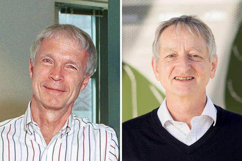 2024 Nobel Prize winners in physics, professor John Hopfield, left, of Princeton University, and professor Geoffrey Hinton, of the University of Toronto, Tuesday, Oct. 8, 2024. (Princeton University via AP and Noah Berger/AP Photo)