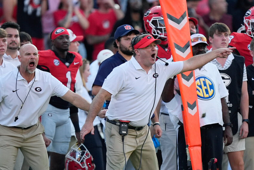 Georgia head coach Kirby Smart yells to his players on the field in the second half against Auburn Saturday, Oct. 5, 2024, in Athens, Ga. (AP Photo/John Bazemore)