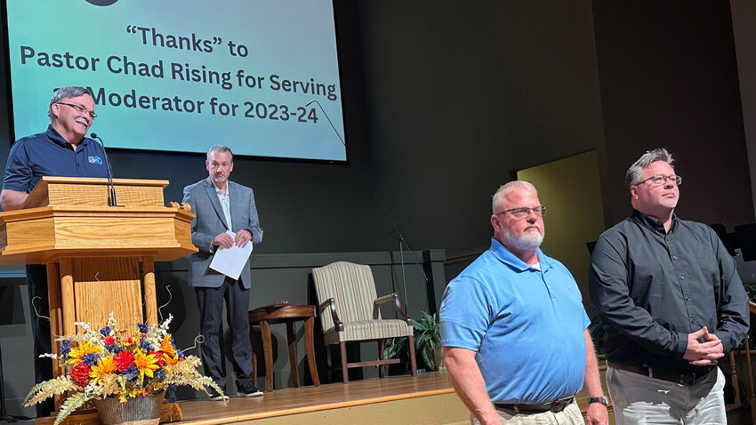 From left, Sarepta Mission Strategist Dr. Lex Bowen and outgoing Moderator Chad Rising, pastor of the Black Creek Baptist Church introduce incoming Moderator Rudy Camp, Pastor of Comer Baptist Church and new Vice-Moderator Matt Bartlett, pastor of Lexington Baptist Church. (Index/Charles Jones)