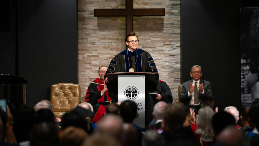 Adam Groza, president of Gateway Seminary, addresses attendees at his inauguration ceremony Oct. 9. (Gateway Seminary/Courtney McCaa)