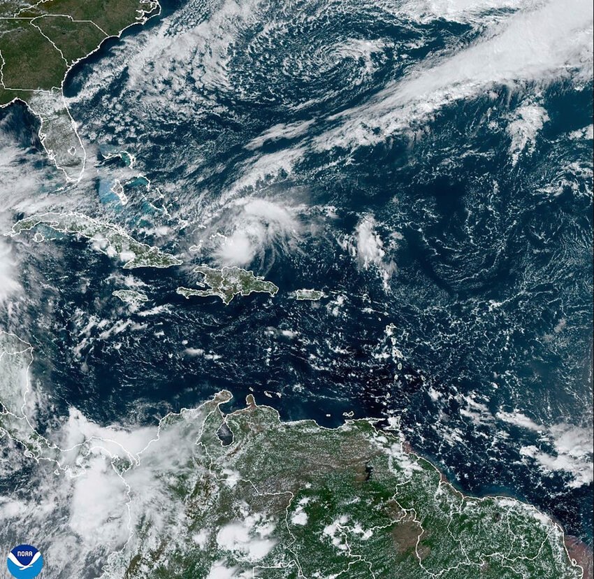 This satellite image provided by NOAA on Saturday, Oct. 19, 2024 shows Hurricane Oscar.  (NOAA via AP)