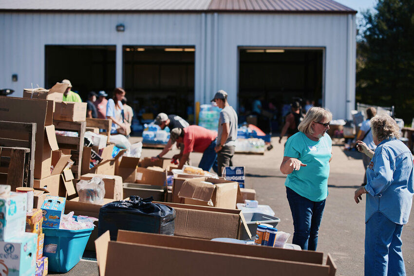 People from all around brought donations to the campus of Cherry Grove Baptist Church in Jonesborough, Tenn., as volunteers helped the church distribute resources to those in need following the catastrophic flooding brought by Hurricane Helene. (Send Relief/Ben Rollins)