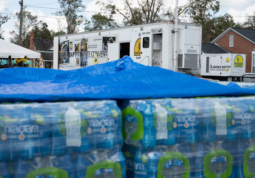 Pallets of water sit before being distributed in Alma, Ga., Oct. 2, 2024. (Index/Henry Durand, File)