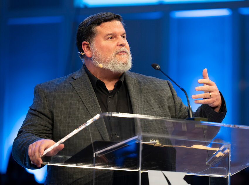 Landon Dowden, lead pastor of Hebron Baptist Church in Dacula, delivers the Doctrinal Sermon at the 2024 Annual Meeting of the Georgia Baptist Convention at First Baptist Statesboro, Nov. 11, 2024. (Index/Henry Durand, File)