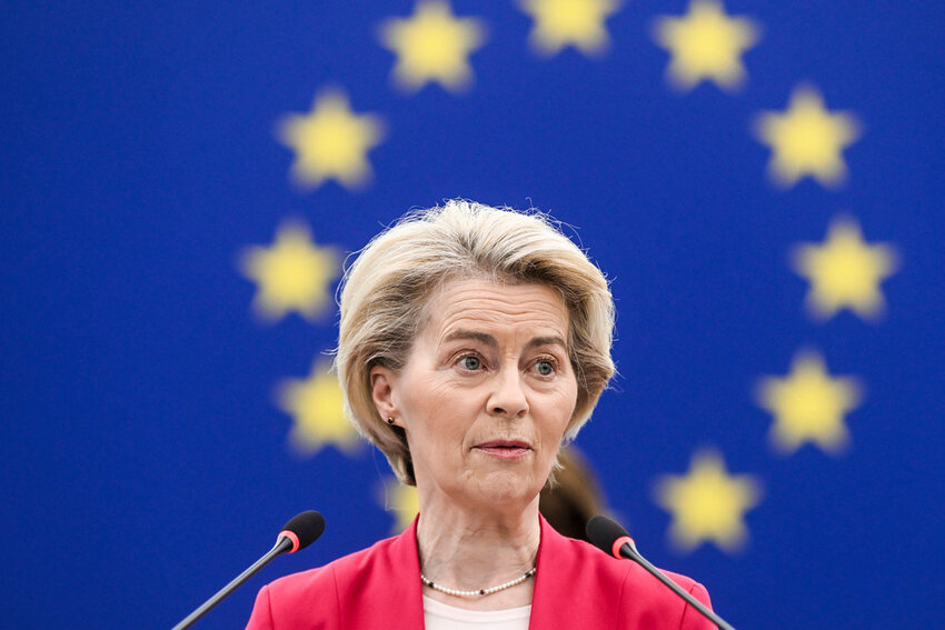 European Commission president Ursula von der Leyen addresses European Parliament members Tuesday, March 11, 2025, at the European Parliament in Strasbourg, France. (AP Photo/Pascal Bastien)