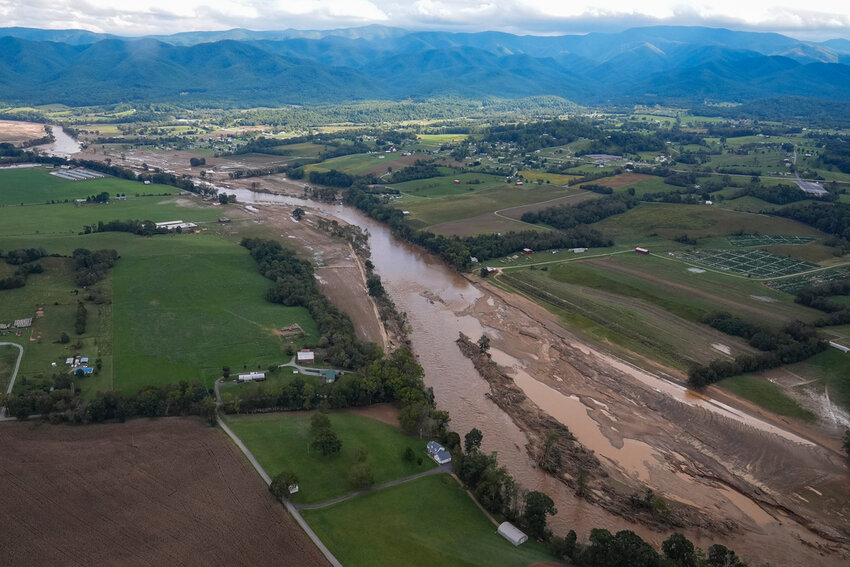 An aerial view of flood damage left in the aftermath of Hurricane Helene is seen Sept. 28, 2024, in Greene County, Tenn. (AP Photo/George Walker IV, File)