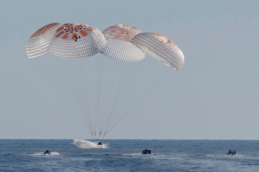 The SpaceX capsule splashes down in the Gulf of Mexico, Tuesday, March 18, 2025, off the coast of Florida with NASA astronauts Suni Williams, Butch Wilmore and Nick Hague, and Russian cosmonaut Alexander Gorbunov. (Keegan Barber/NASA via AP)