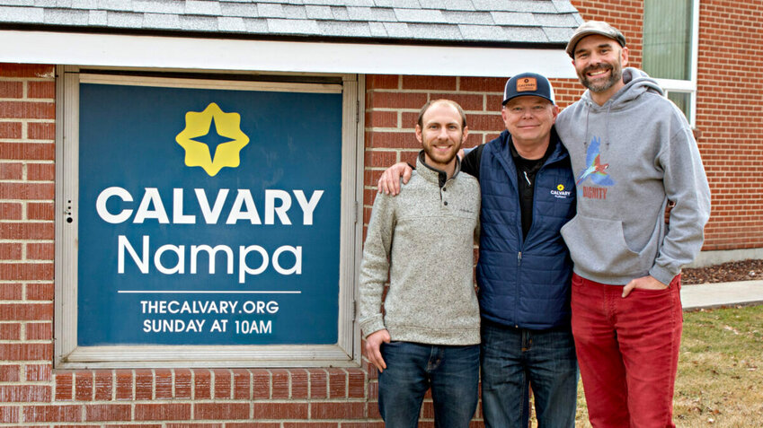 Justin Ridgway, Richard Cook, and Anders Snyder, from left, outside Calvary Church Nampa. (Photo/via The Baptist Paper)