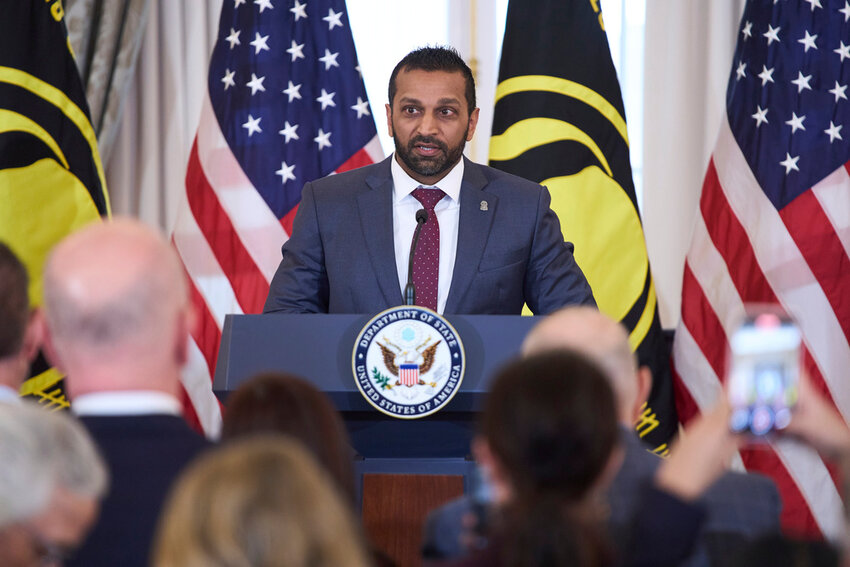 FBI Director Kash Patel speaks during a ceremony to raise the Hostage and Wrongful Detainee flag at the State Department, March 6, 2025, in Washington. (AP Photo/Evan Vucci, File)