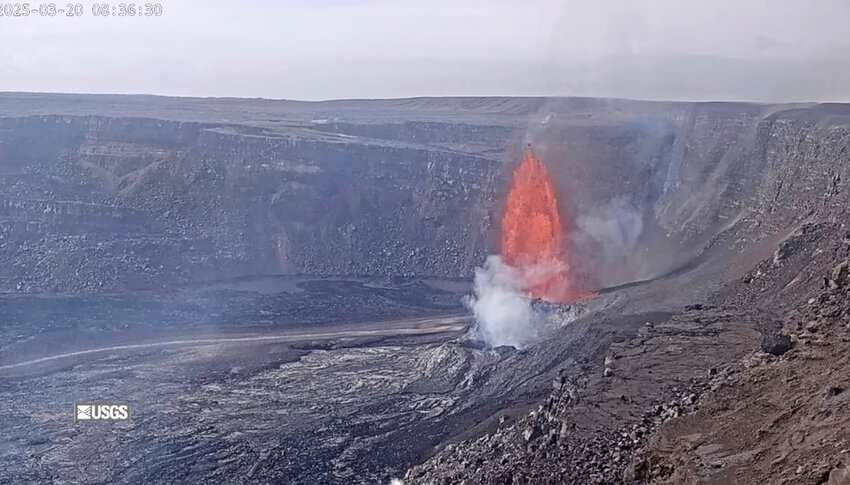 Lava fountains shoot up in the latest episode of an ongoing eruption of Kilauea volcano inside Hawaii Volcanoes National Park on Thursday, March 20, 2025. (United States Geological Survey via AP)