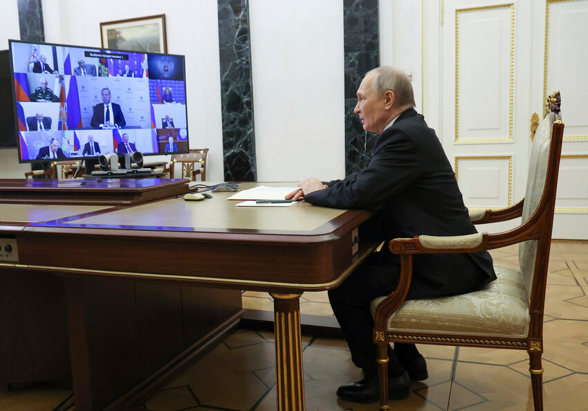 Russian President Vladimir Putin chairs the Security Council meeting via videoconference in Moscow, Russia, Friday, March 28, 2025. (Sergei Ilyin, Sputnik, Kremlin Pool Photo via AP)