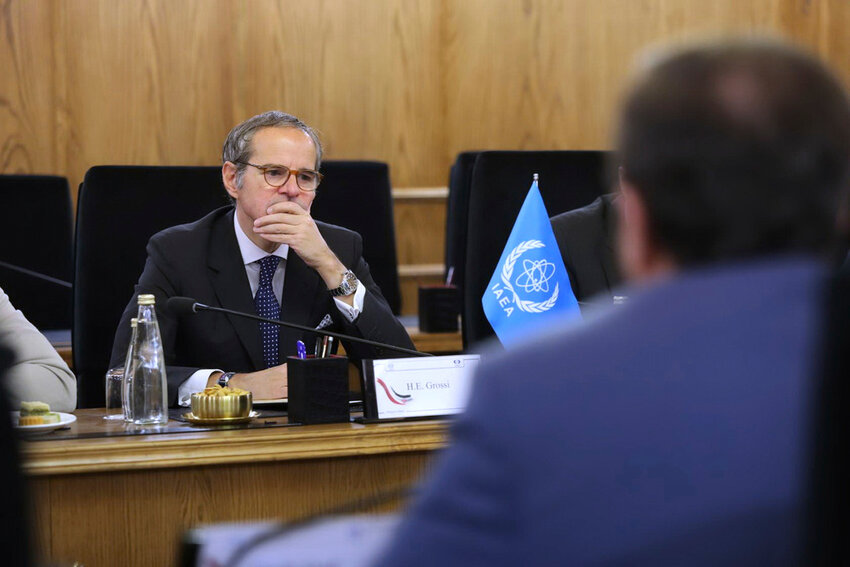 International Atomic Energy Agency Director General Rafael Mariano Grossi attends a meeting with the head of the Atomic Energy Organization of Iran Mohammad Eslami, in Tehran, Iran, Thursday, April 17, 2025. (Atomic Energy Organisation of Iran via AP)