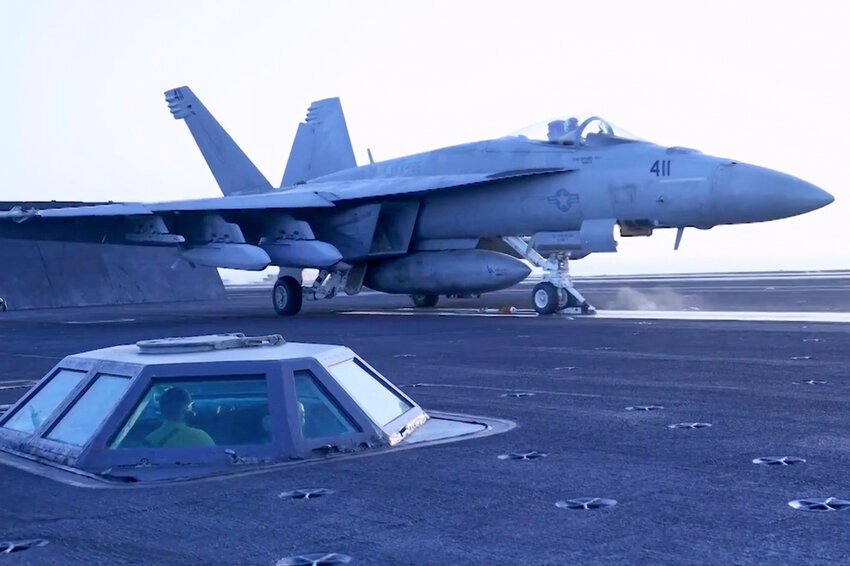 A U.S. Navy aircraft launches from the USS Harry S. Truman in the Red Sea before airstrikes in Sanaa, Yemen, Saturday, March 15, 2025. (U.S. Navy via AP)