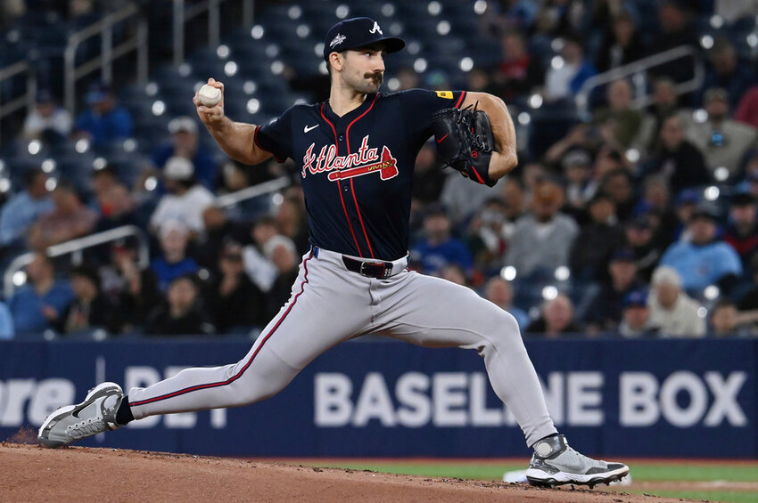 Atlanta Braves' Spencer Strider (99) throws to a Toronto Blue Jays batter in the first inning in Toronto, Wednesday, April 16, 2025. (Jon Blacker/The Canadian Press via AP)