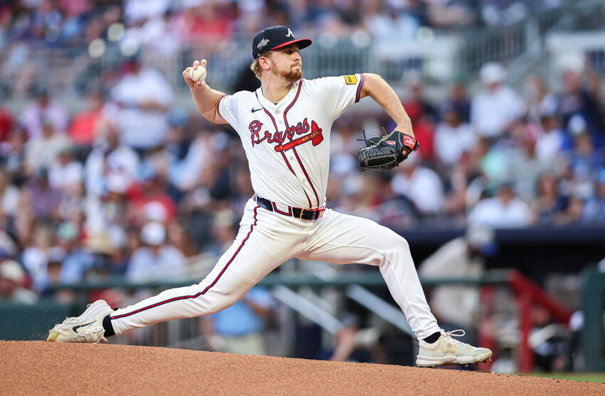 Atlanta Braves pitcher Spencer Schwellenbach delivers in the first inning against the St. Louis Cardinals, Monday, April 21, 2025, in Atlanta. (AP Photo/Colin Hubbard)