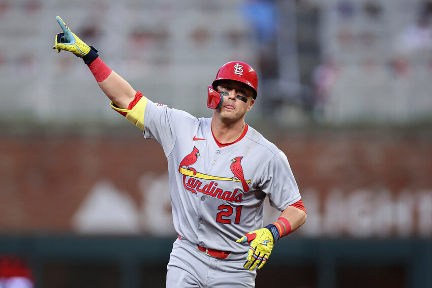 St. Louis Cardinals' Lars Nootbaar (21) circles the bases after hitting a two-run home run in the third inning against the Atlanta Braves, Tuesday, April 22, 2025, in Atlanta. (AP Photo/Colin Hubbard)