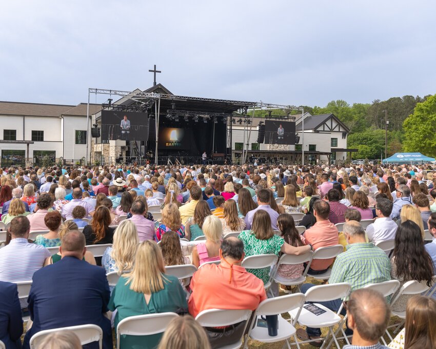 A huge outdoor crowd gathers for Easter Sunday service April 20, 2025, at Burnt Hickory Baptist Church in Powder Springs. (Photo/Burnt Hickory Baptist Church via Facebook)