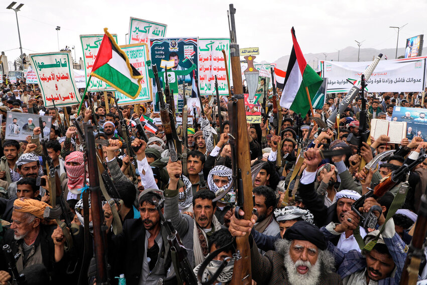Houthi supporters chant slogans during a weekly, anti-U.S. and anti-Israel rally in Sanaa, Yemen, Friday, April 18, 2025. (AP Photo)