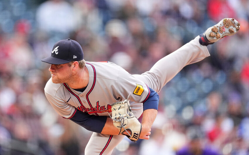 Atlanta Braves starting pitcher Bryce Elder works against the Colorado Rockies in the first inning Monday, April 28, 2025, in Denver. (AP Photo/David Zalubowski)