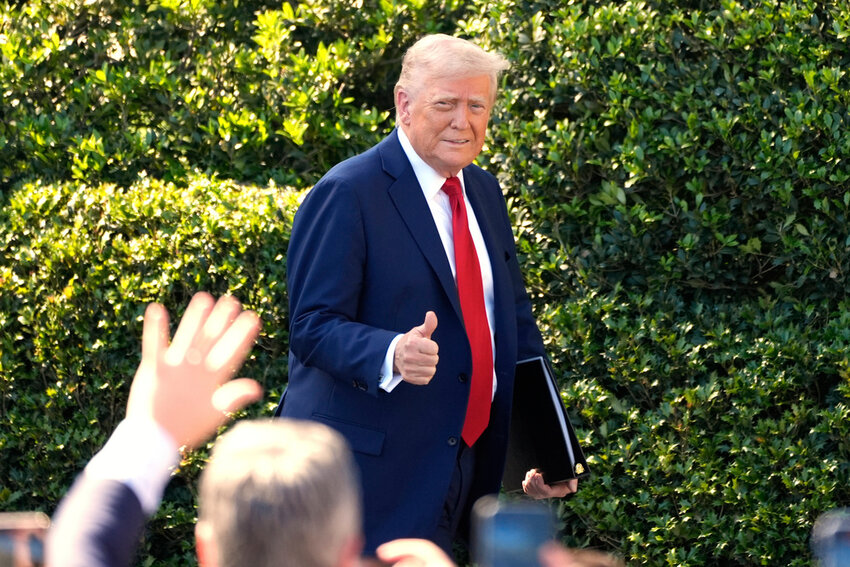 President Donald Trump arrives to welcome the Super Bowl champion Philadelphia Eagles to the South Lawn of the White House, Monday, April 28, 2025, in Washington. (AP Photo/Alex Brandon)