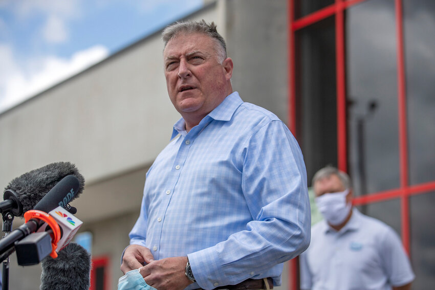 Georgia Insurance and Safety Fire Commissioner John King makes a statement and answers questions from the media following a tour of Fieldale Farms while visiting Gainesville, Ga., May 15, 2020. (Alyssa Pointer/Atlanta Journal-Constitution via AP, file)
