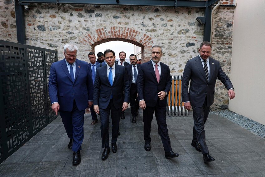 From left, Ukraine's Foreign Minister Andrii Sybiha, U.S. Secretary of State Marco Rubio, Turkish Foreign Minister Hakan Fidan, and Ukrainian Head of Presidential Office Andriy Yermak arrive for a meeting in Istanbul, Turkey, Friday, May 16, 2025. (Turkish Foreign Ministry via AP)