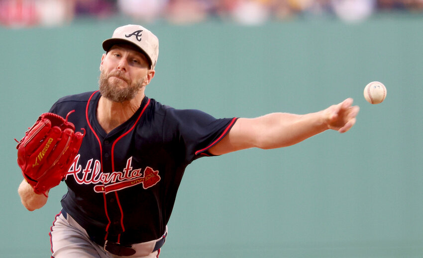 Atlanta Braves pitcher Chris Sale throws during the first inning against the Boston Red Sox, Friday, May 16, 2025, in Boston. (AP Photo/Mark Stockwell)