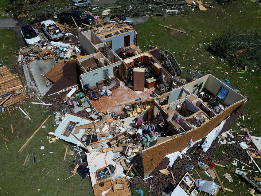 A home destroyed by a severe storm on Saturday, May 17, 2025, in London, Ky. (AP Photo/Carolyn Kaster)