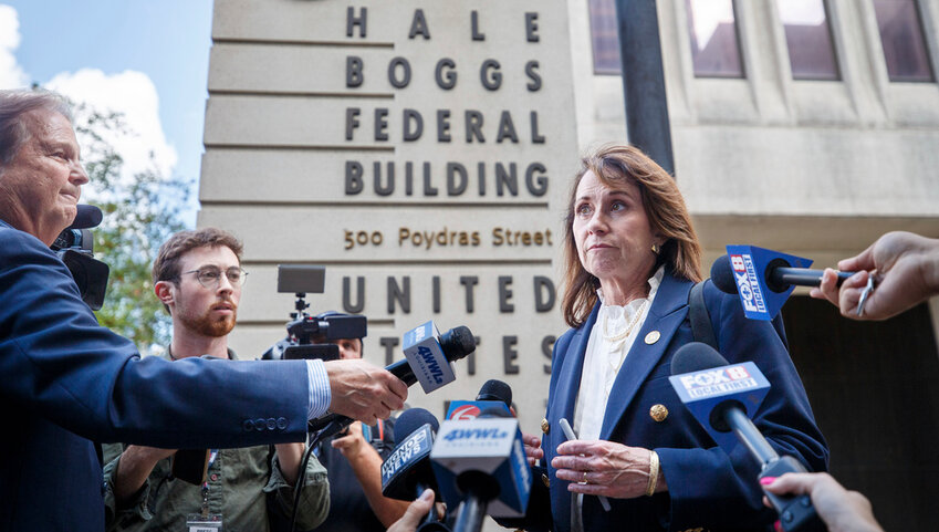Louisiana Attorney General Liz Murrill talks with the media in front of the Hale Boggs Federal Building in New Orleans, May 19, 2025. (David Grunfeld/The Times-Picayune/The New Orleans Advocate via AP, File)