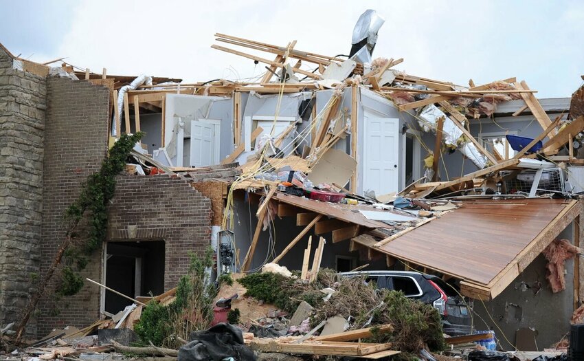 A destroyed home in one of the hard-hit neighborhoods in Laurel County. Residents are evacuating with more bad weather approaching. (Kentucky Today/Keith Taylor)