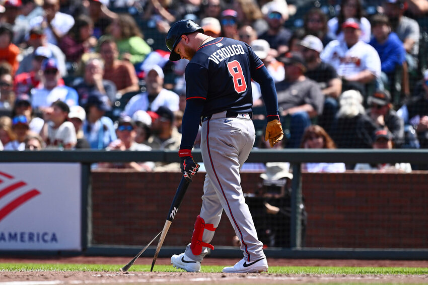 Atlanta Braves' Alex Verdugo breaks his bat after striking out in the ninth inning against the San Francisco Giants in San Francisco, Sunday, June 8, 2025. (Jose Carlos Fajardo/Bay Area News Group via AP)