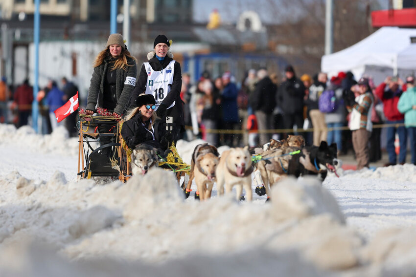 Mille Porsild (18), of Denmark, mushes during the Ceremonial Start of the Iditarod Trail Sled Dog Race in Anchorage, Alaska, March 1, 2025. (AP Photo/Amanda Loman, File)