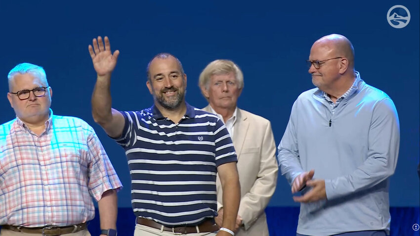 Bill Alderman of Pine Ridge Baptist Church in Brunswick, center, was among more than a dozen bivocational pastors from various states recognized at the SBC Pastors’ Conference on Monday, June 9, in Dallas. Cory Thomas of Flat Creek Baptist Church in Blakely is at left, and W. Thomas Hammond, Jr., executive director of the Georgia Baptist Mission Board, is at right. (Photo/screen capture from SBC video)