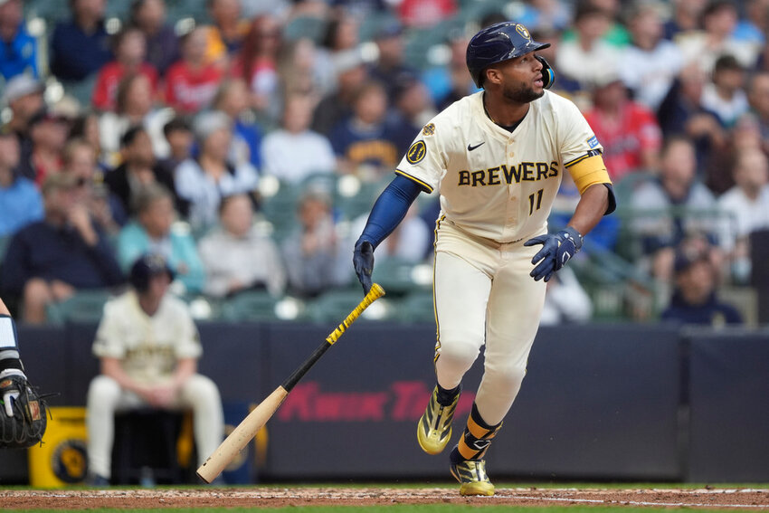 Milwaukee Brewers' Jackson Chourio watches after hitting a two-run home run during the third inning against the Atlanta Braves, Tuesday, June 10, 2025, in Milwaukee. (AP Photo/Aaron Gash)