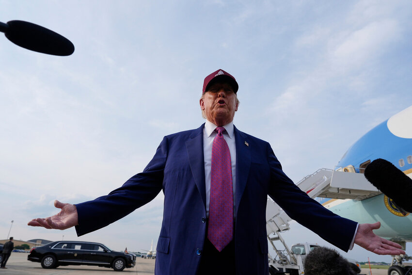 President Donald Trump speaks to reporters after arriving on Air Force One, Tuesday, June 10, 2025, at Joint Base Andrews, Md. (AP Photo/Alex Brandon)