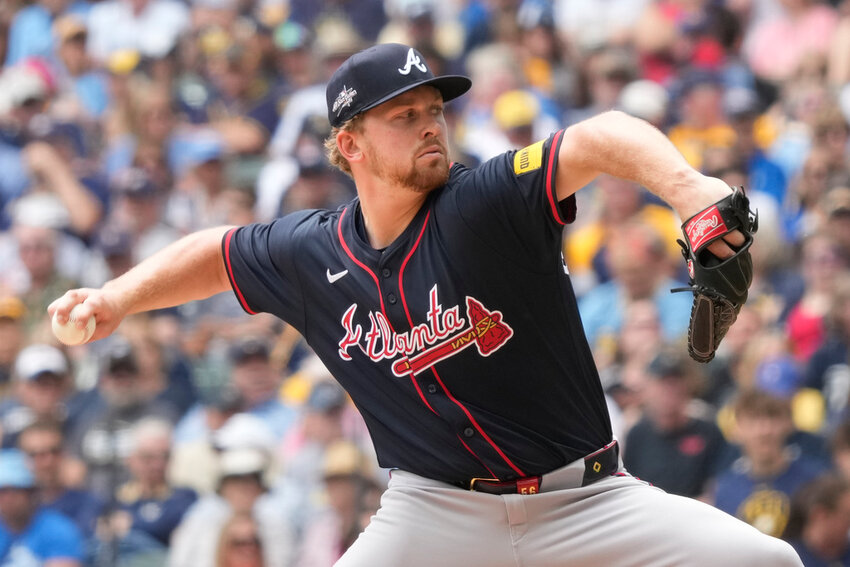 Atlanta Braves pitcher Spencer Schwellenbach (56) throws during the first inning against the Milwaukee Brewers, Wednesday, June 11, 2025, in Milwaukee. (AP Photo/Kayla Wolf)