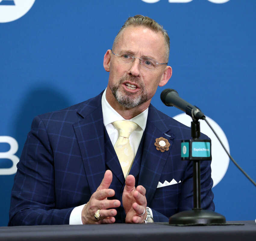 SBC President Clint Pressley speaks with reporters after the close of the 2025 SBC Annual Meeting on Wednesday in Dallas. (Baptist Press/Sonya Singh)
