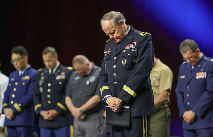 Gen. Doug Carver leads a host of chaplains to the platform Tuesday during the opening ceremony of the SBC Annual Meeting. Messengers celebrated the 250th anniversary of the U.S. Army. (Baptist Press/Sonya Singh)