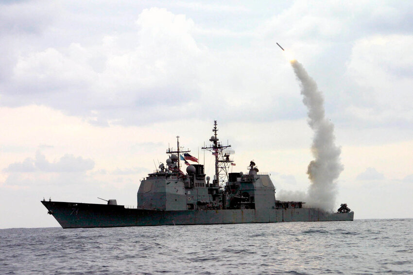 The cruiser USS Cape St. George launches a Tomahawk Land Attack Missile in the Mediterranean Sea on March 23, 2003. (Intelligence Specialist 1st Kenneth Moll/U.S. Navy via AP, File)