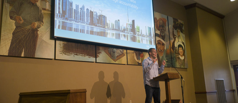 IMB President David Platt addresses the staff and global personnel in a “town hall” meeting to discuss initial steps the IMB must take to get to a sustainable, healthy place. IMB Photo