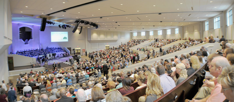 A capacity crowd fills the 1,600-seat sanctuary at Glen Haven. Upgrades in color, lighting, sound, and technical capabilities greet worshipers each Sunday. GLEN HAVEN/Special