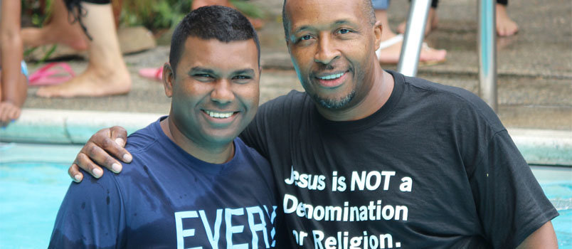 David Holland, right, and his pastor Shaun Pillay celebrate a baptismal service for Cornerstone City Church in Norwich, CT. Holland, the first person to come to Christ through the church plant, now is Cornerstone’s community outreach organizer. BP/Special